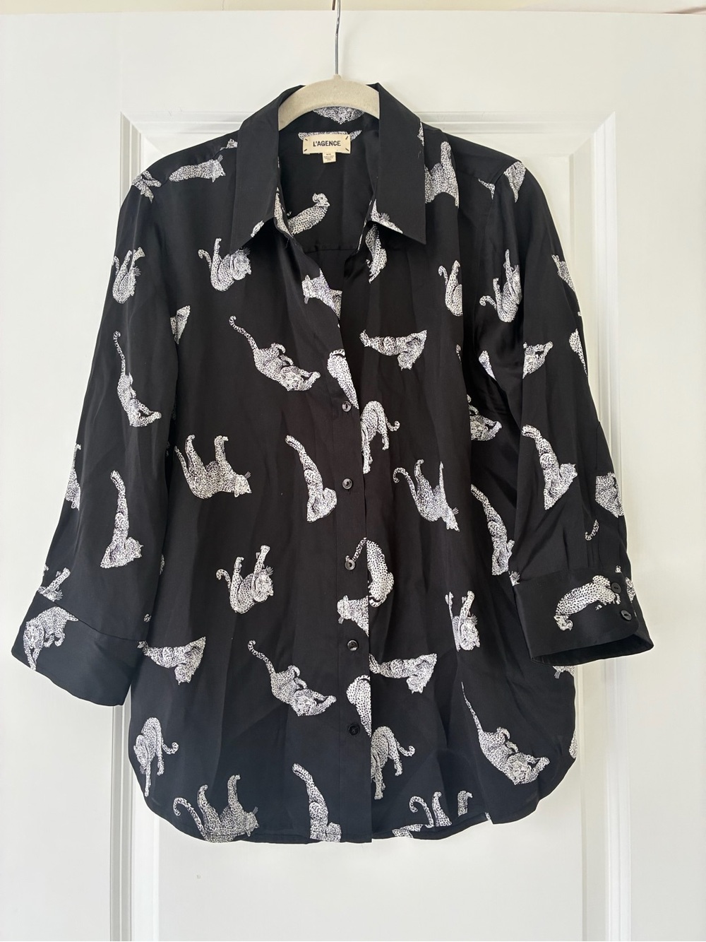 L'AGENCE "Dani" Jaguar Print 3/4 Sleeve 100% Silk Button-Down Top: Sz. M